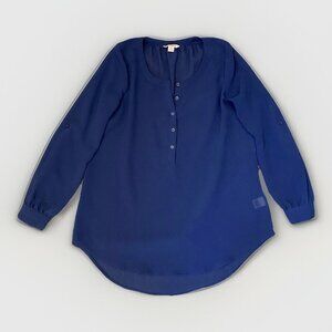 Candie's Women's Blouse Top Size M Blue Sheer Long Roll Tab Sleeves Buttons EUC